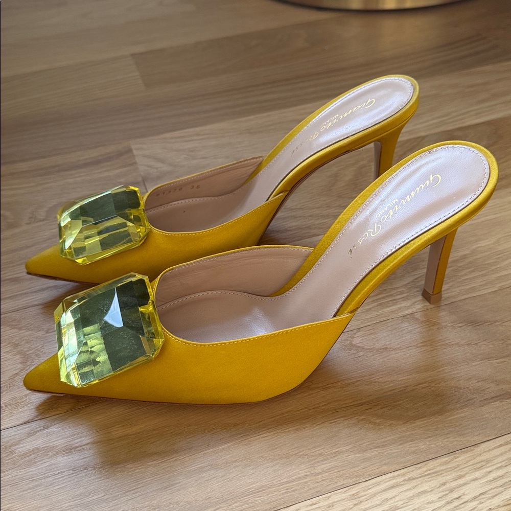Gianvito Rossi Yellow Heels with Large Crystal Detail NWT